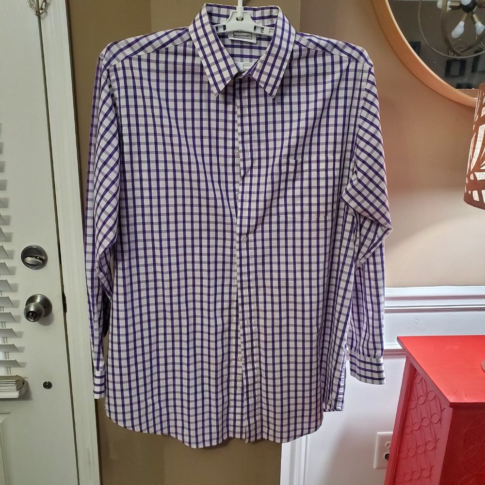 KINGS COURT men's shirt 17 1/2 Plaid purple and white